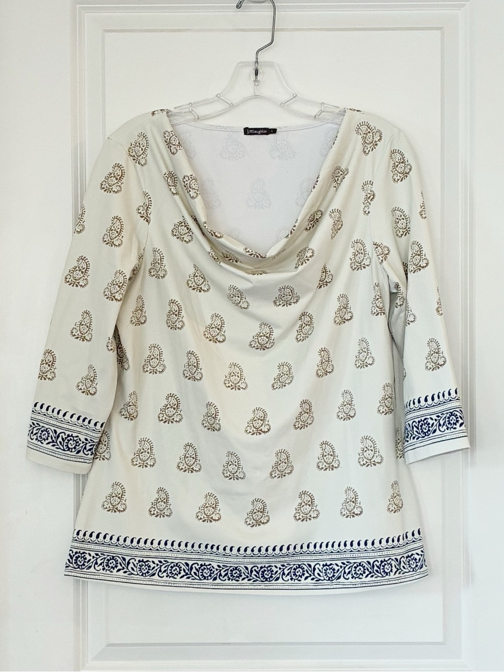 J. McLaughlin Printed Drape Neck Top Ivory Blue 3/4 Sleeve. Size Large - Picture 4 of 12